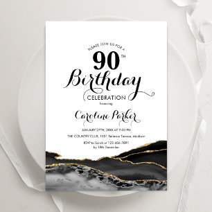 Black White Gold Agate 90th Birthday Invitation