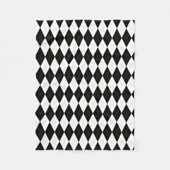 Black | White | Gold Argyle Pattern Fleece Blanket (Front)