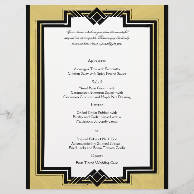 Black White Gold Art Deco Frame Wedding Menu (Front)
