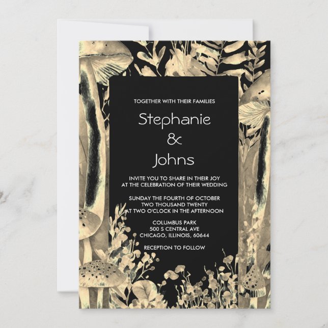 Black White Gold Artsy Mushroom Woodland Wedding Invitation (Front)