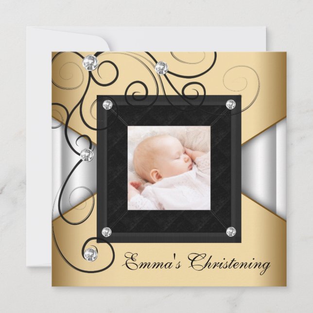 Black White Gold Baby Girl Photo Christening Invitation (Front)