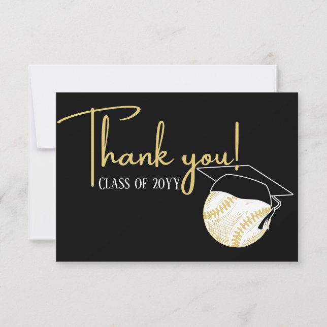  Black White Gold Baseball Graduation ball cap Thank You Card (Front)