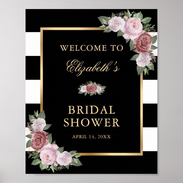 Black White Gold Blush Floral Bridal Shower Sign (Front)