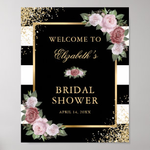 Black White Gold Blush Floral Bridal Shower Sign