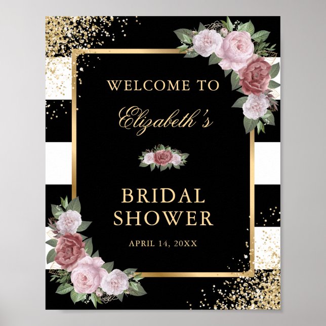 Black White Gold Blush Floral Bridal Shower Sign (Front)