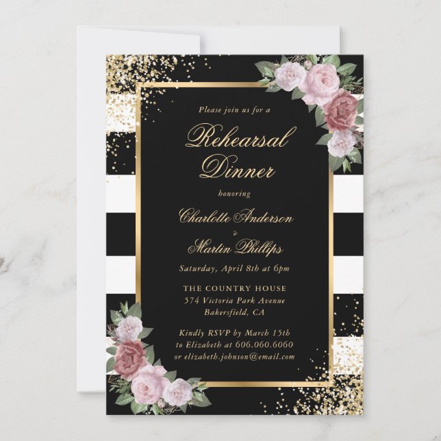 Black White Gold Blush Floral Rehearsal Dinner Invitation (Front)