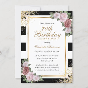 Black White Gold Blush Pink Floral 70th Birthday Invitation