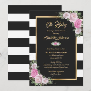 Black White Gold Blush Pink Floral Baby Shower Invitation