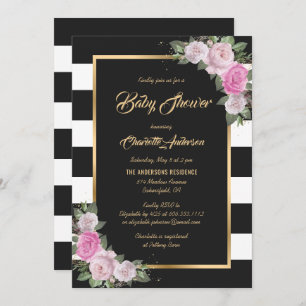 Black White Gold Blush Pink Floral Baby Shower Invitation