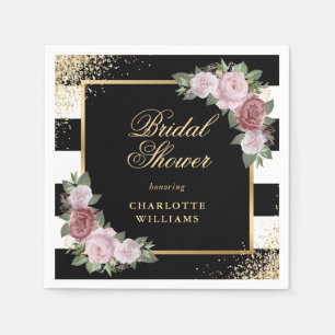 Black White Gold Blush Pink Floral Bridal Shower Napkin
