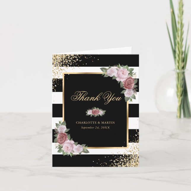 Black White Gold Blush Pink Floral Wedding Photo Thank You Card (Front)