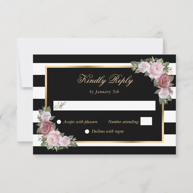 Black White Gold Blush Pink Floral Wedding RSVP Card (Front)