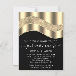 Black White Gold Border Glitter Wave QR Code