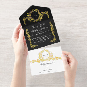 Black White Gold Botanical Classic Wreath Wedding All In One Invitation