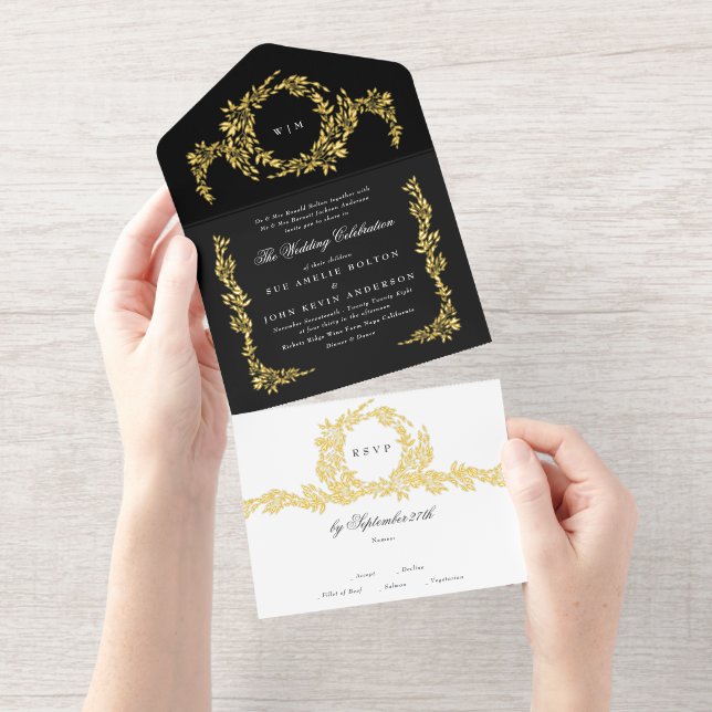Black White Gold Botanical Classic Wreath Wedding All In One Invitation (Tearaway)