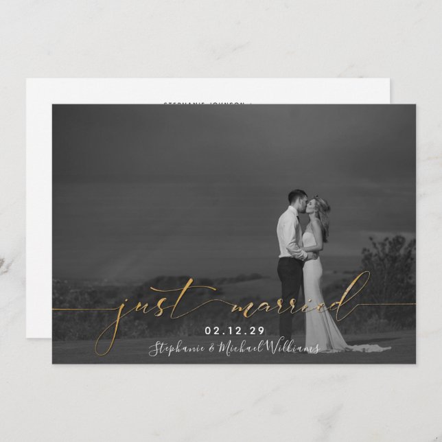 Black White Gold Calligraphy Just Married Photo Invitation (Front/Back)