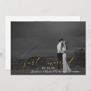 Black White Gold Calligraphy Just Married Photo Invitation