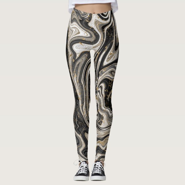Black White & Gold Chic Swirl Modern Abstract Leggings (Front)