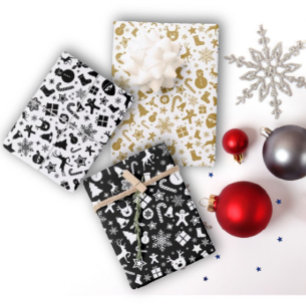 Black White Gold Christmas Wrapping Sheet Set of 3