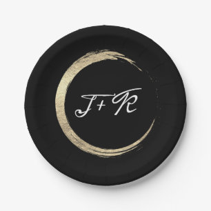 Black White Gold Circle Monogram Initials Minimal Paper Plate