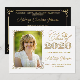 Black, White, Gold Class of 2025 Photo Graduation Invitation