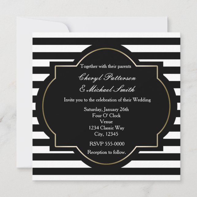 Black, White & Gold Classy Stripe Party Invitation (Front)