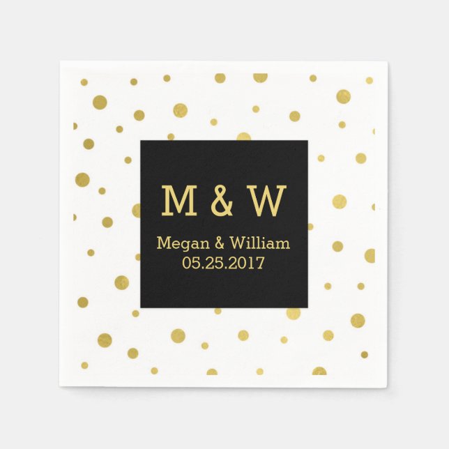 Black White Gold Confetti Wedding Monogram Napkin (Front)