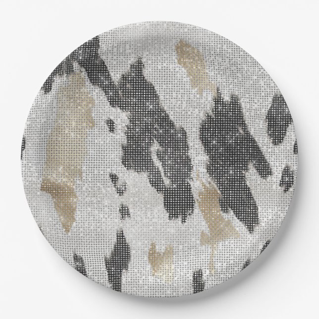 Black White Gold Cow Animal Print Sparkle Birthday Paper Plate (Front)