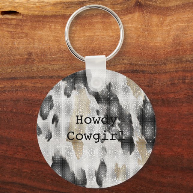 Black White Gold Cow Animal Print Sparkle Key Ring (Front)
