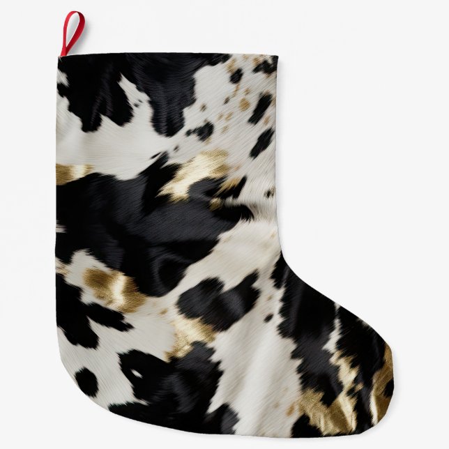 Black White Gold Cowgirl Cowhide Large Christmas Stocking (Front)