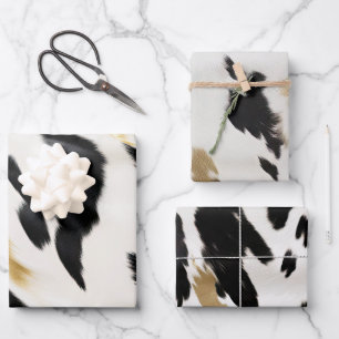 Black White Gold Cowhide Birthday Wrapping Paper Sheet