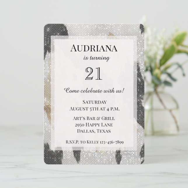 Black White Gold Cowhide Cowgirl Sparkle Birthday Invitation (Standing Front)