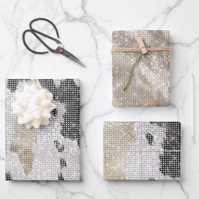 Black White Gold Cowhide Cowgirl Sparkle Birthday Wrapping Paper Sheet (Front)
