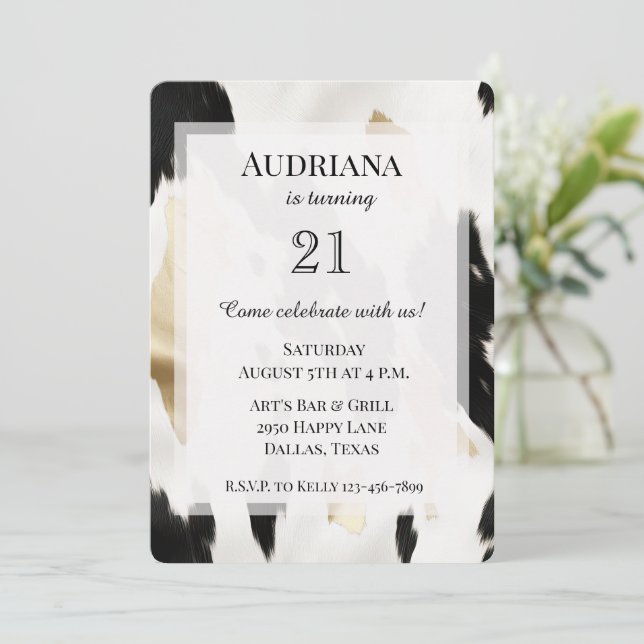 Black White Gold Cowhide Southwest Birthday Invitation (Standing Front)