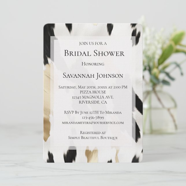 Black White Gold Cowhide Southwest Bridal Shower Invitation (Standing Front)