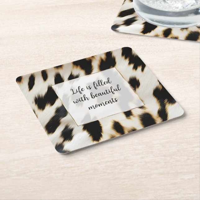 Black White Gold Cowhide Square Paper Coaster (Angled)