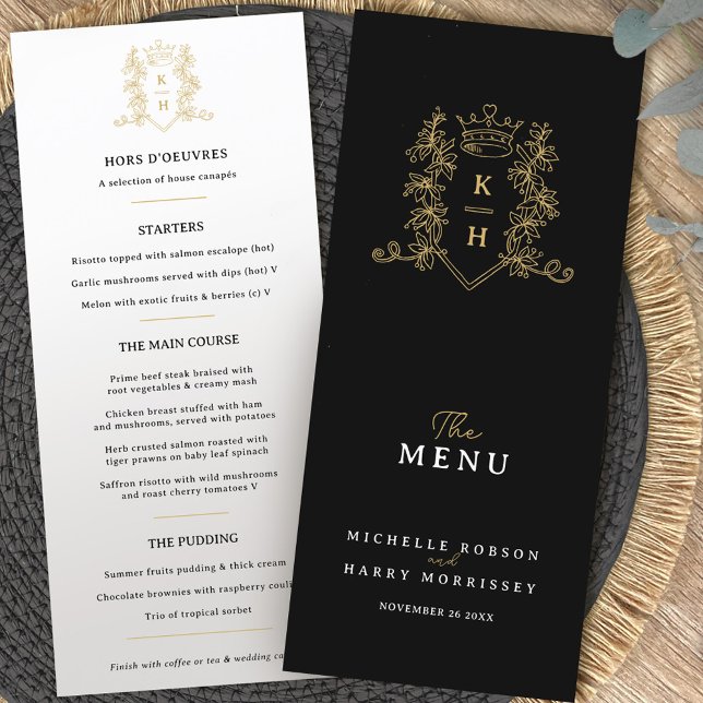 Black white gold crown crest monogram wedding menu (Creator Uploaded)