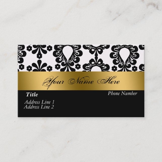 Black White Gold Damask Business Card (Front)