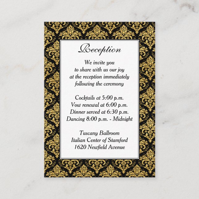 Black, White, Gold Damask Reception Enclosure Card (Front)