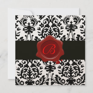 BLACK & WHITE GOLD DAMASK, RED WAX SEAL MONOGRAM INVITATION