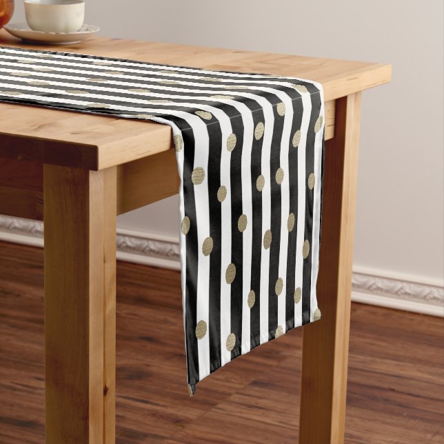 Black, White & Gold Dot & Stripe Short Table Runner (In Situ)