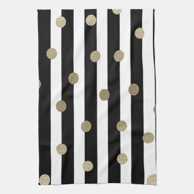 Black, White & Gold Dot & Stripe Tea Towel (Vertical)