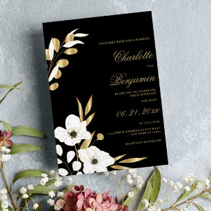 Black white gold elegant luxury floral wedding invitation