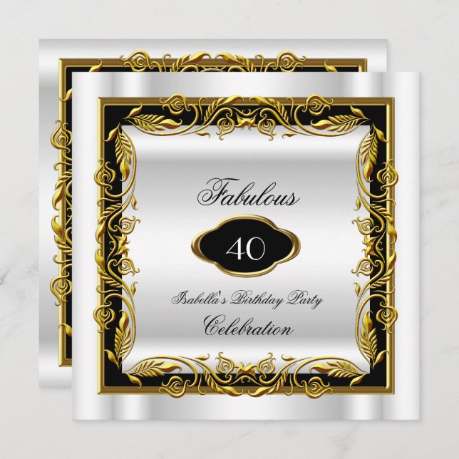 Black White Gold Fabulous 40th Elegant Birthday Invitation (Front/Back)