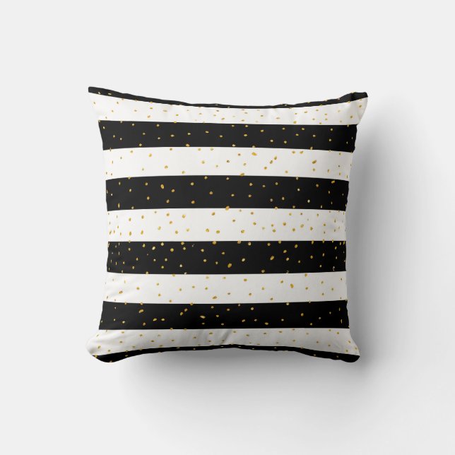 Black white gold faux glitter stripes polka dots cushion (Front)
