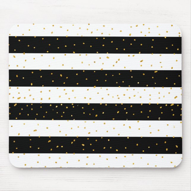 Black white gold faux glitter stripes polka dots mouse pad (Front)