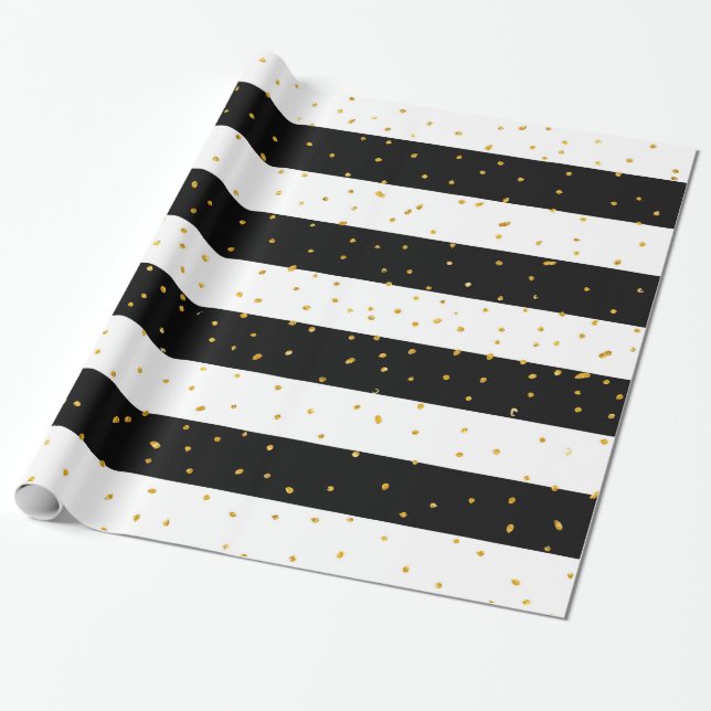 Black white gold faux glitter stripes polka dots wrapping paper (Unrolled)