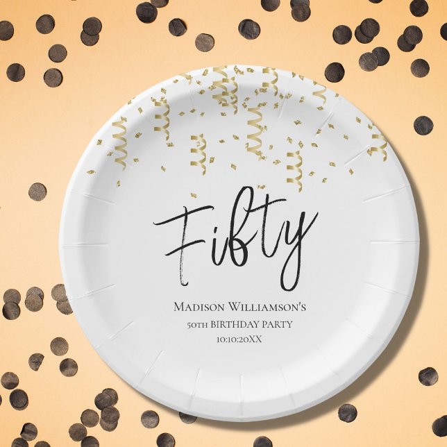 Black, White & Gold Fifty , 50th Birthday Party   Paper Plate (Creator Uploaded)