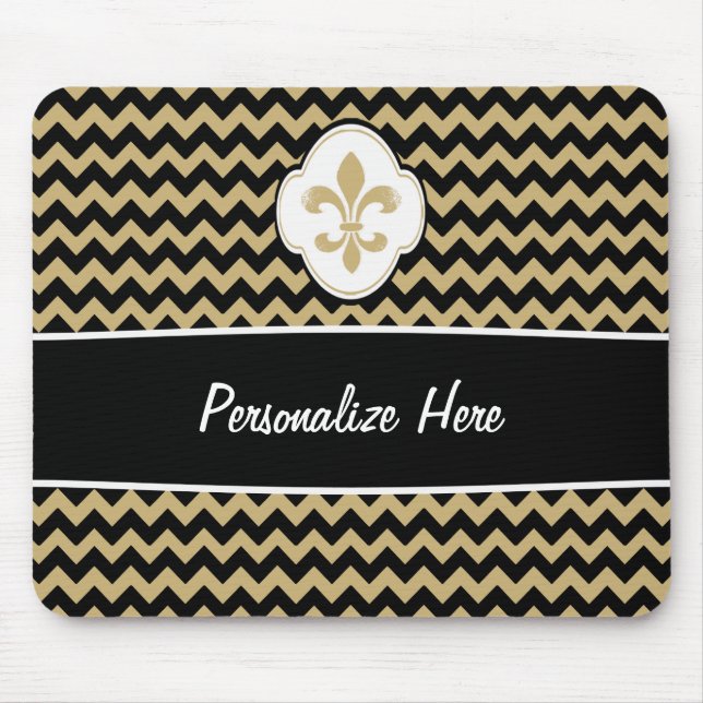 Black White Gold Fleur de Lis Chevron Stripes Mouse Pad (Front)