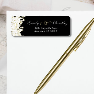 Black White Gold Floral Elegant Return Address Label